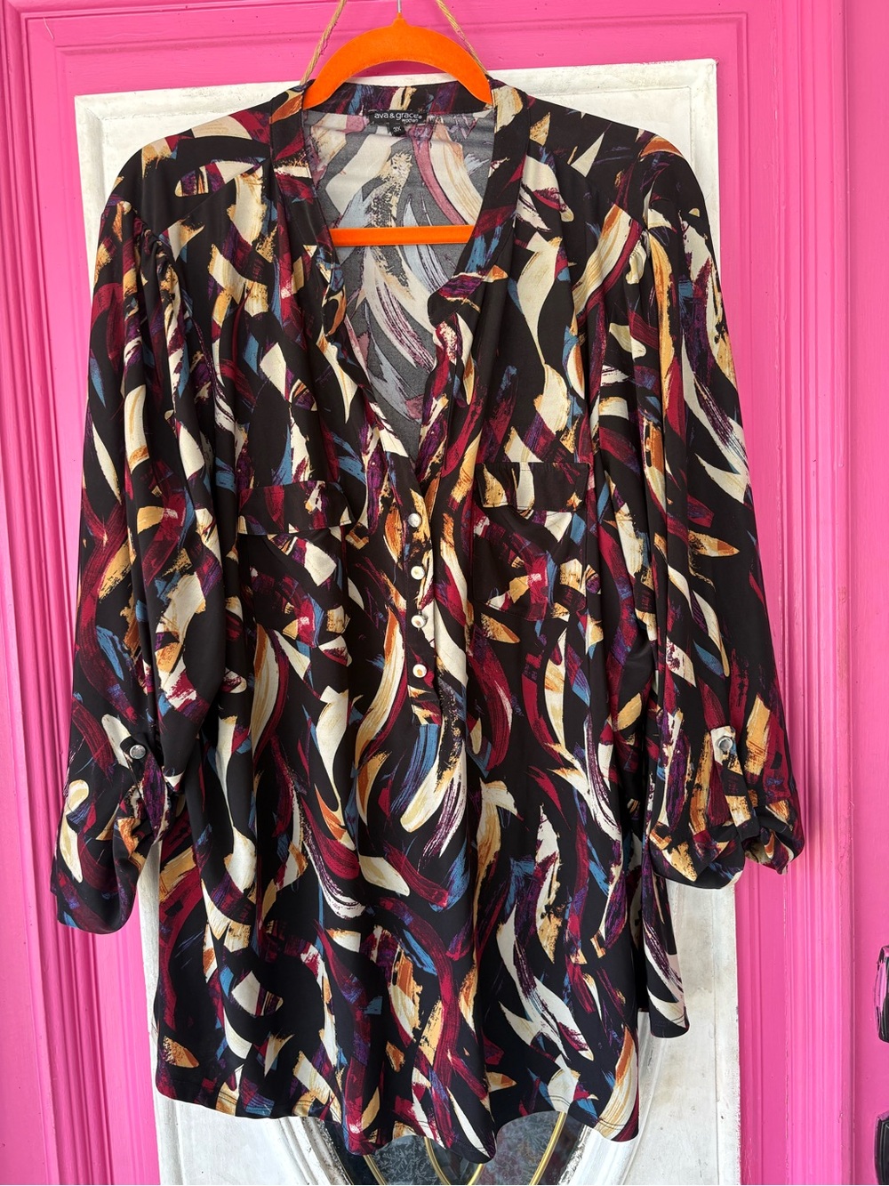 Ava & Grace Black Blouse with Burgundy, Cream & Gold Brushstroke Print